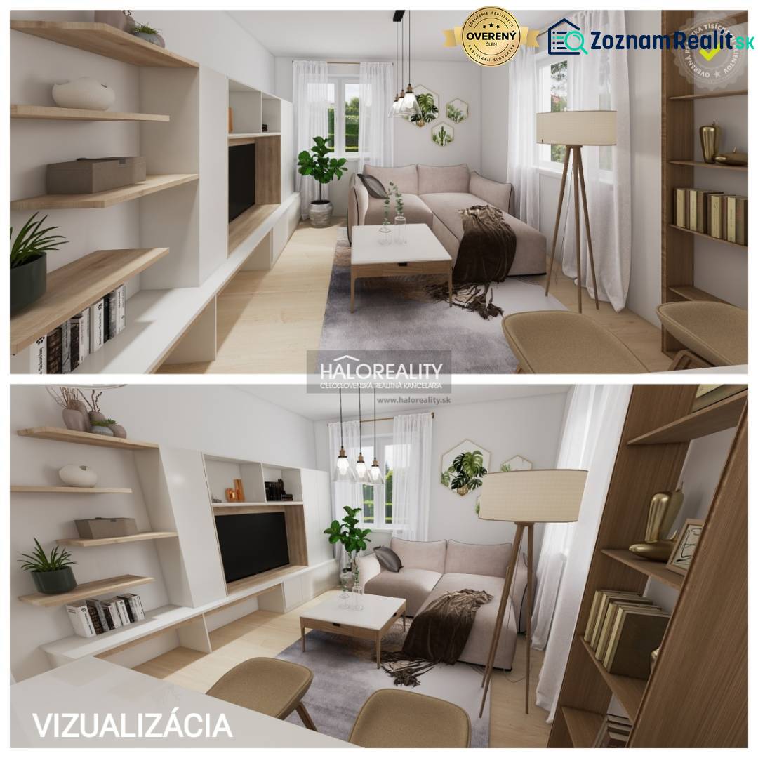 Living room in a two-room apartment, light wooden shelves, sofa, and plant.
