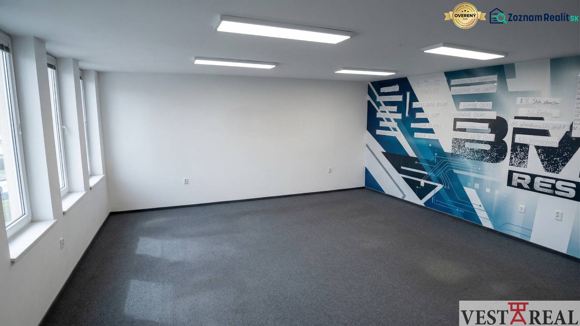 Office spaces with windows and a blue mural.