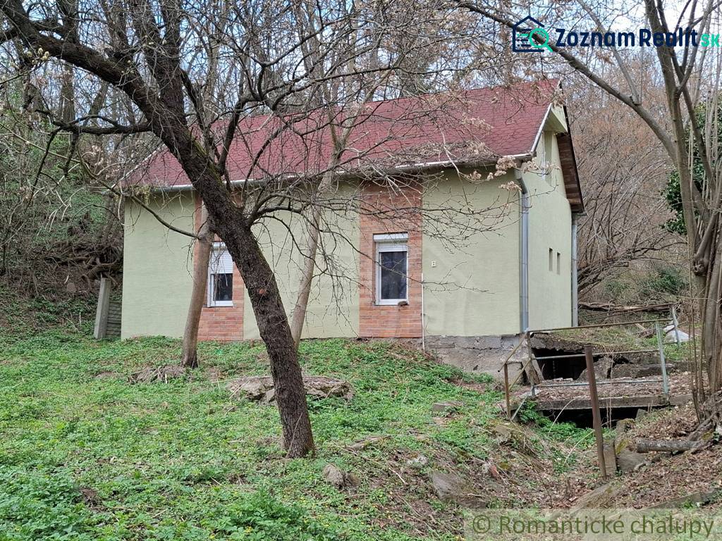 A cottage in Chľaba surrounded by deciduous trees and grass, with visible red roof shingles.