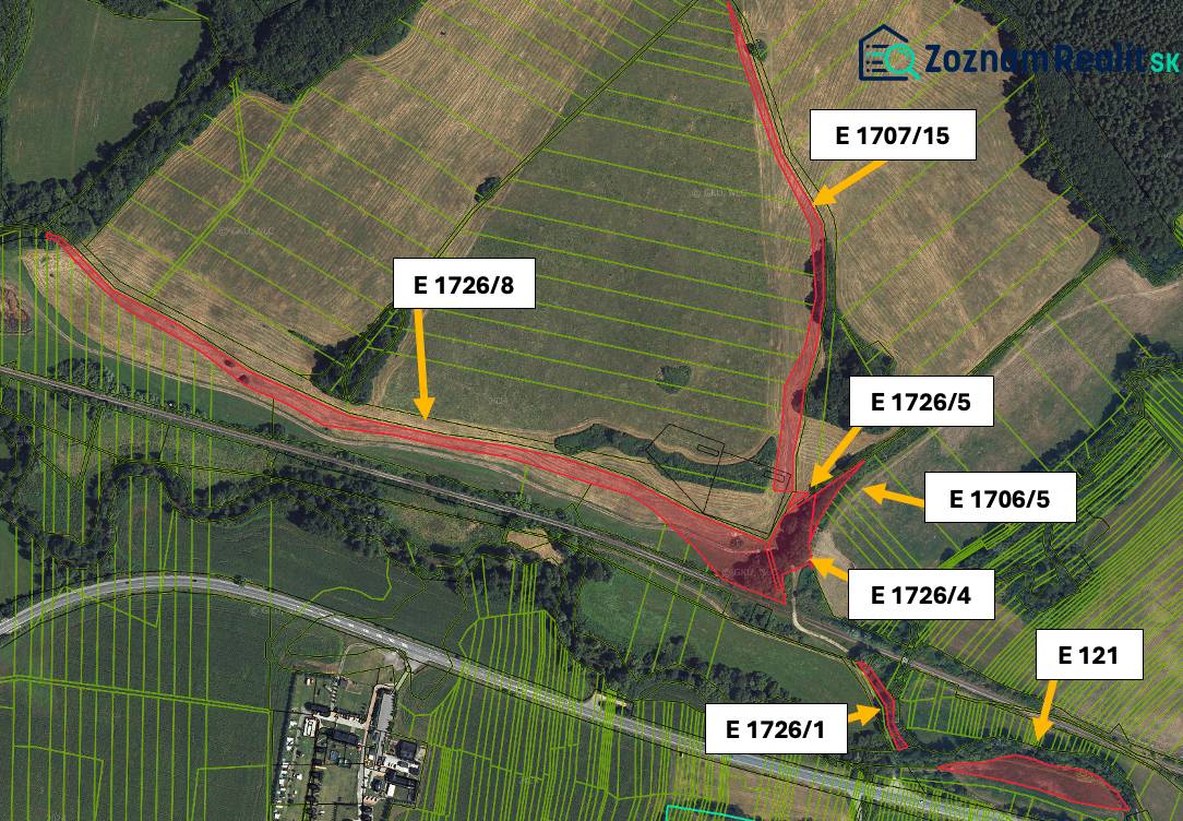 Aerial view of agricultural and forest lands in Veľká Čausa with marked parcels.