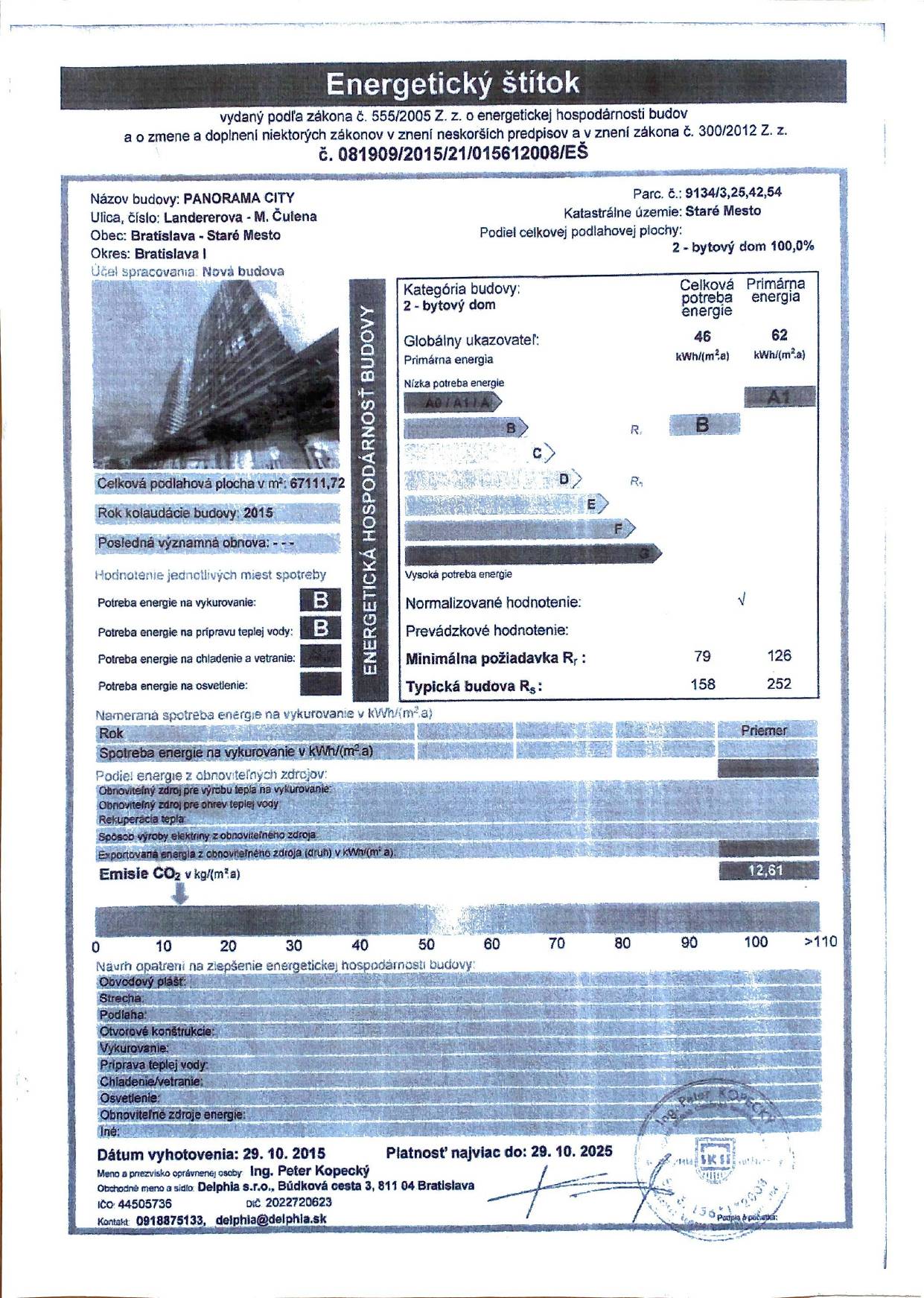 Energy certificate of the building on Landererova in Bratislava, 3-room apartment, category B, construction 2015.