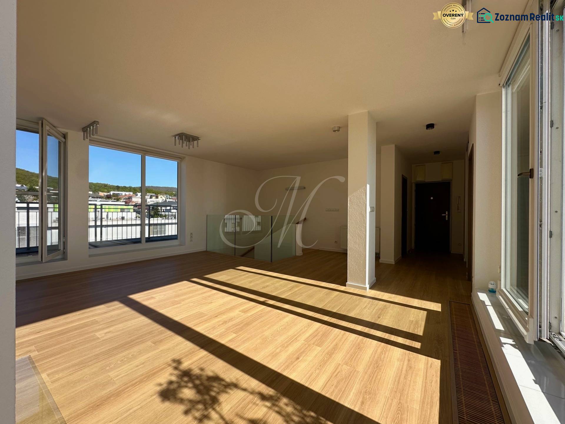 Living room in a 4-room apartment with wood-patterned flooring and large windows.