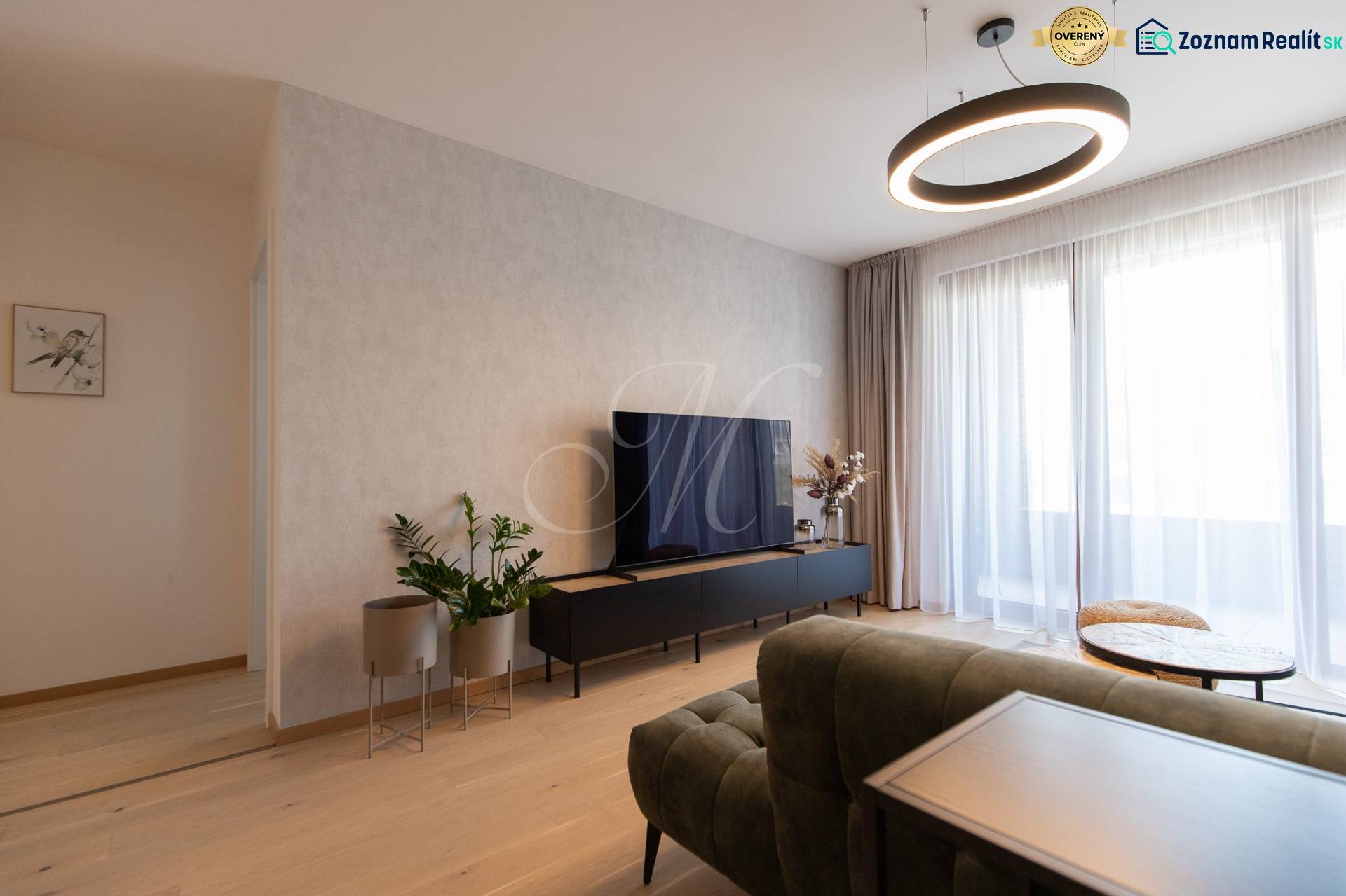 Living area in a two-room apartment with wood-patterned flooring and a television.