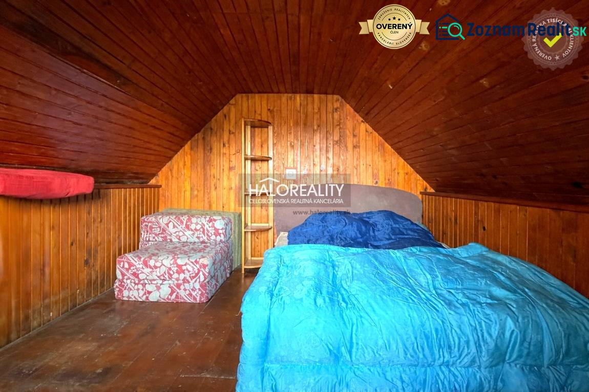Attic room with wooden paneling, a bed, and a sofa in a cabin.