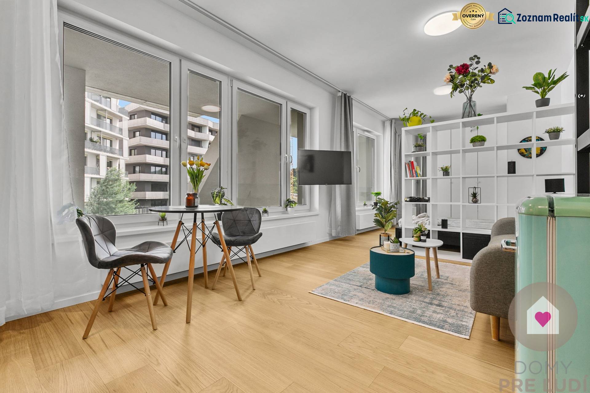 Living room of a one-bedroom apartment with large windows, wood-patterned flooring, and plants.
