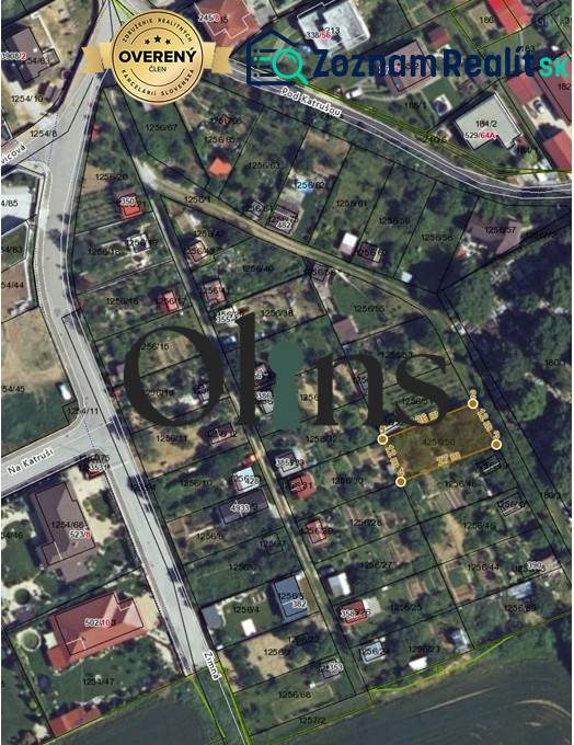 Aerial map of gardens in Nitra with a marked plot in the Pod Katruša area.