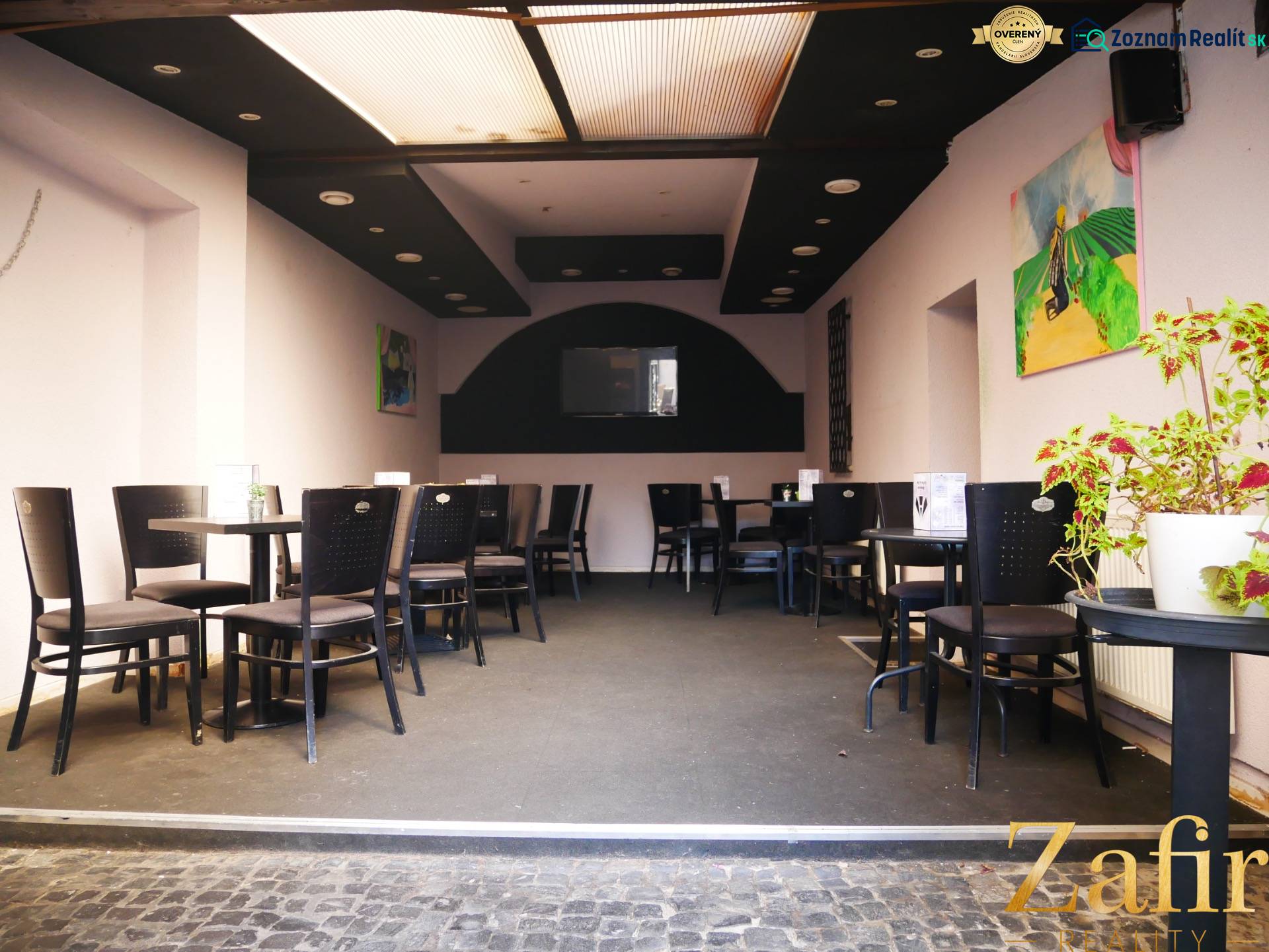 Interior of dining spaces with seating, decorations, and a houseplant.