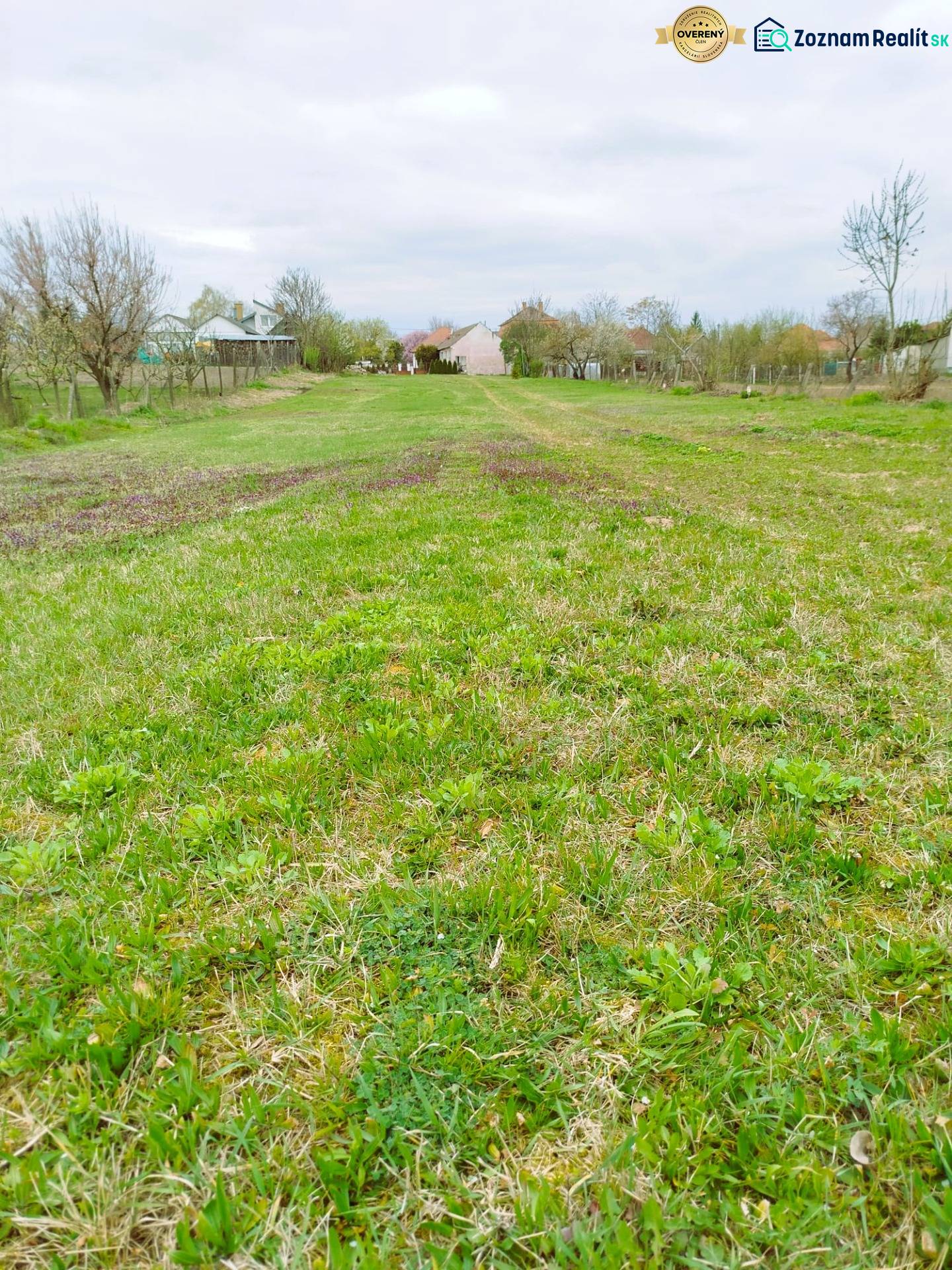 A green residential plot in Horná Kráľová, with visible trees and houses in the distance.