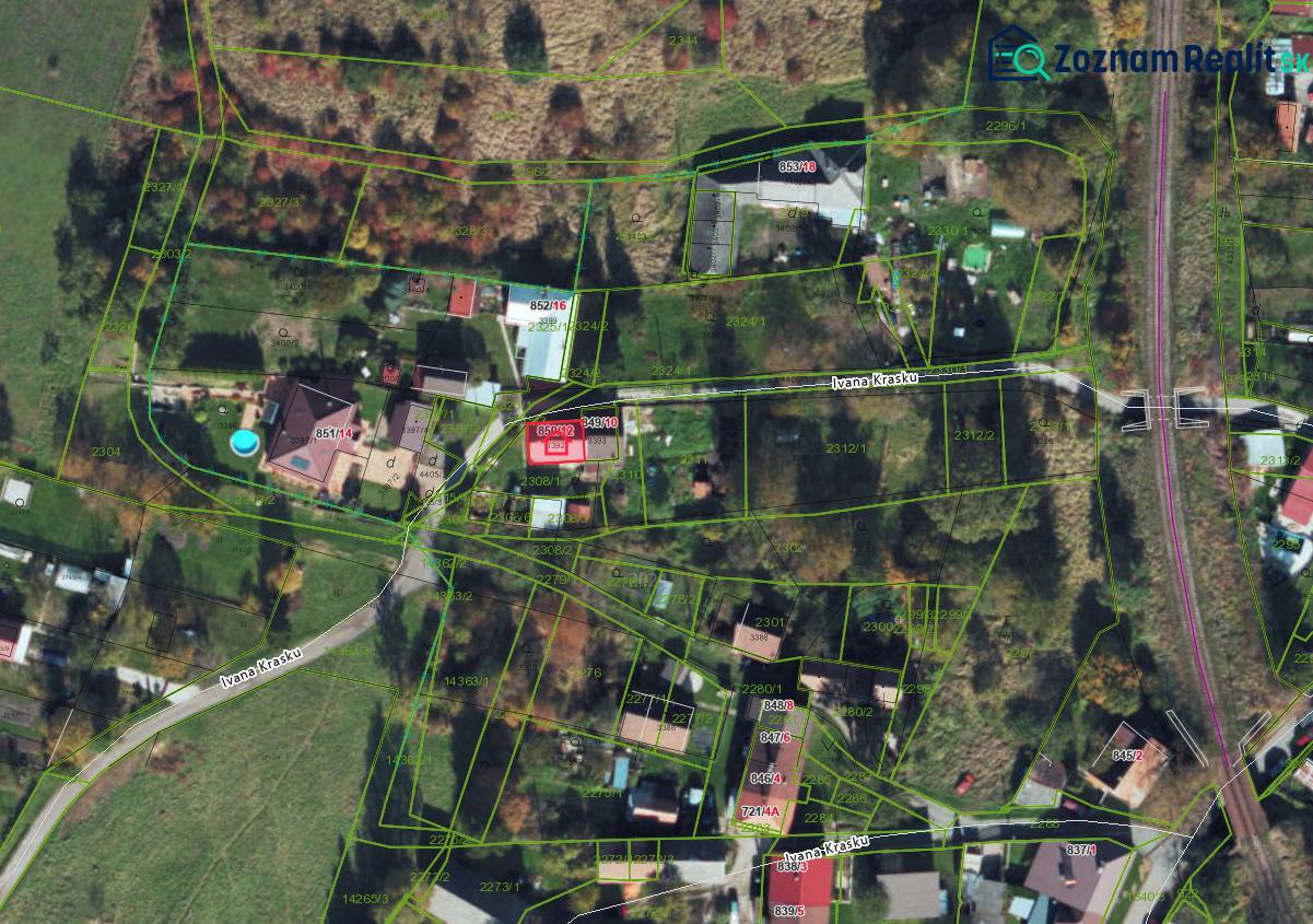 Aerial view of family houses on Ivana Krasku Street in Handlová.