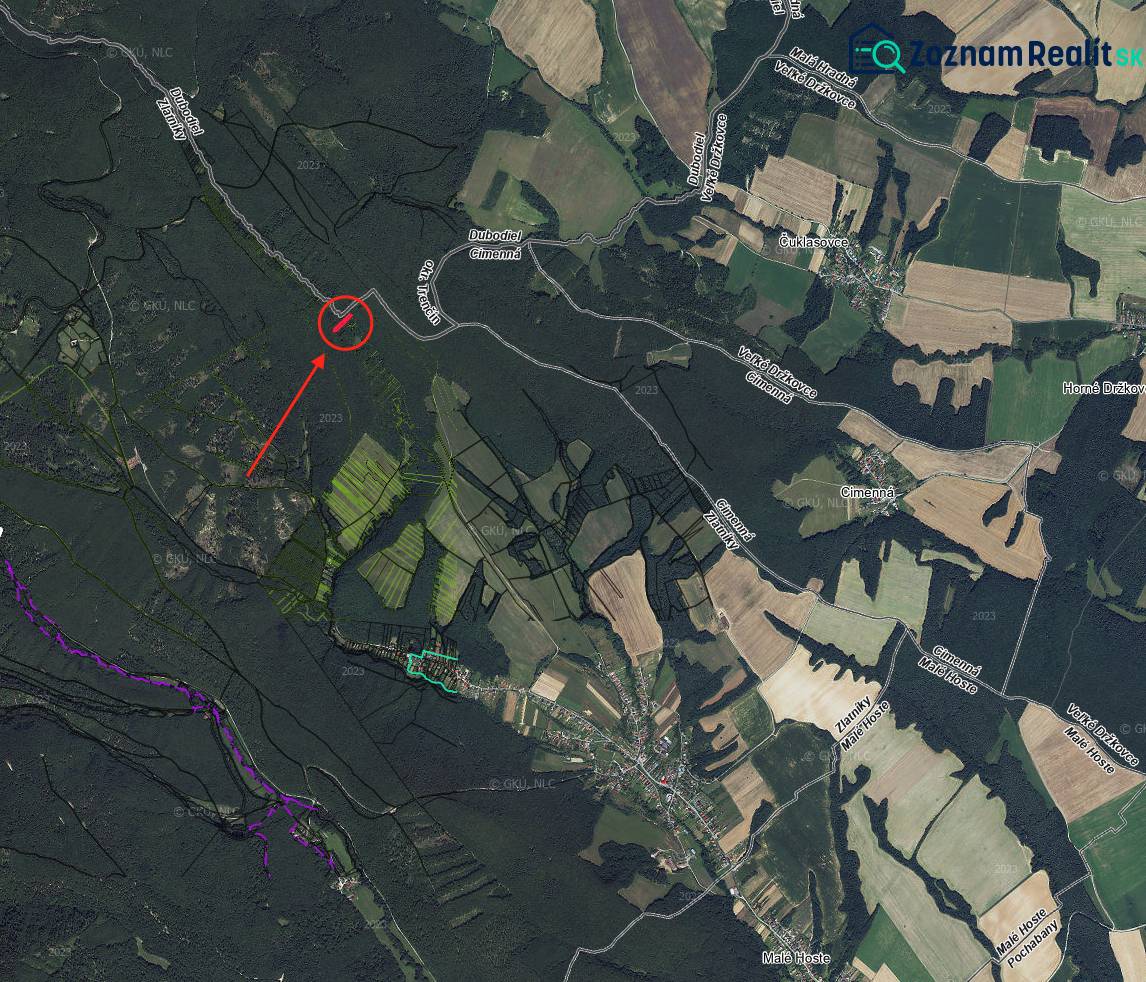 Aerial view of agricultural and forest lands around Zlatníky and Cimenná.