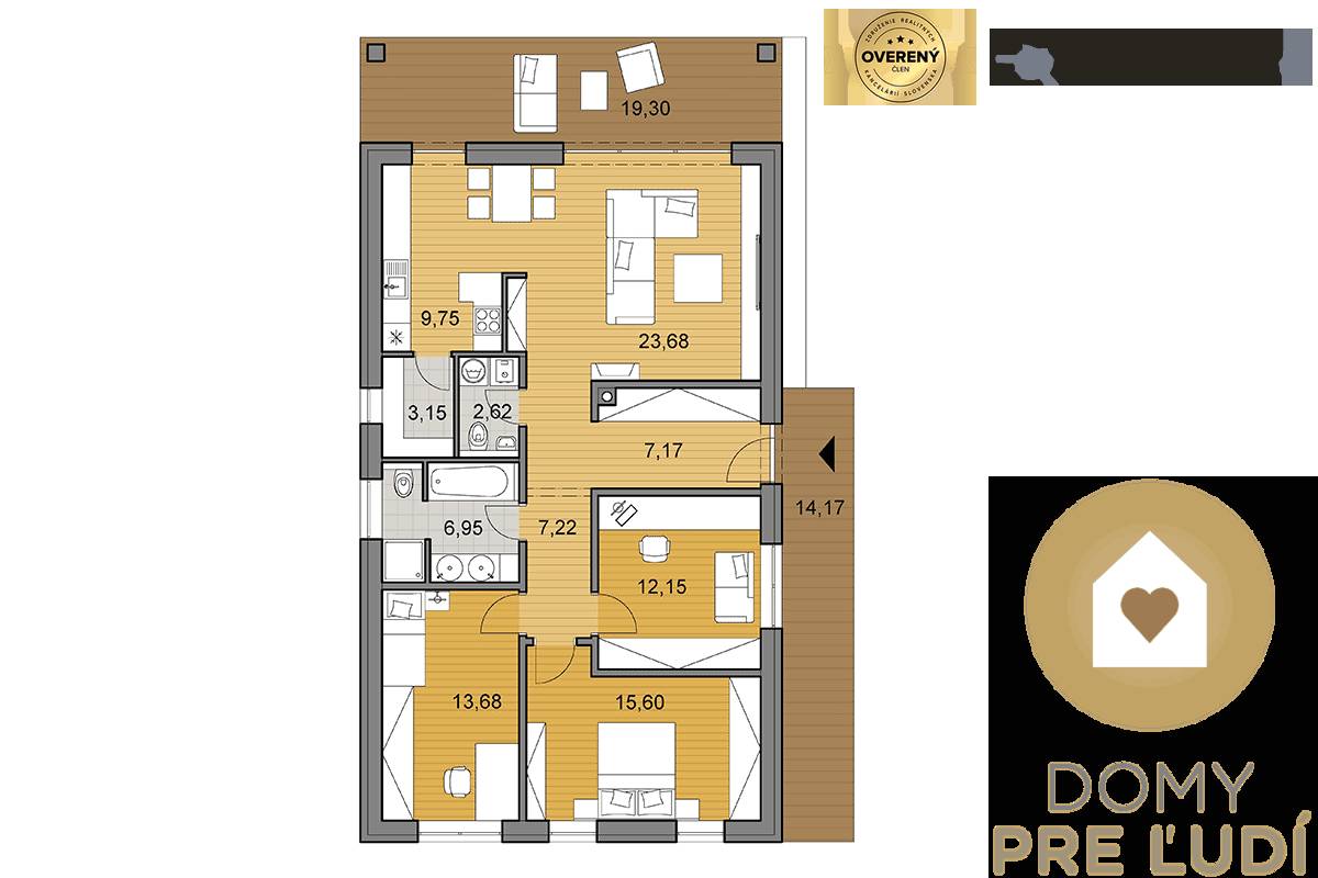 Floor plan of a family house with a wooden decor floor and spacious rooms.