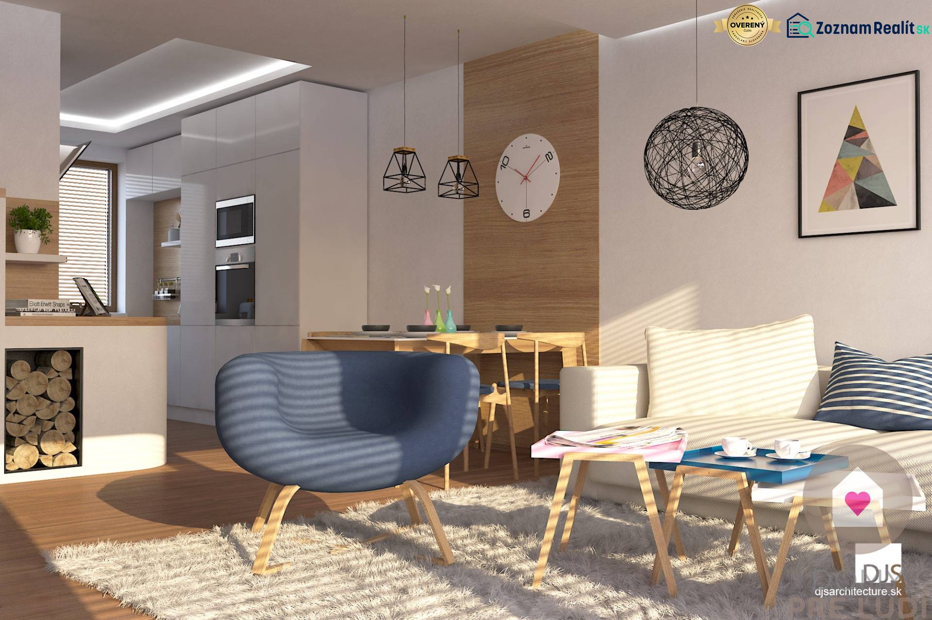 Living room in a family house with a carpet, an armchair, and a dining table, floor with wooden decor.