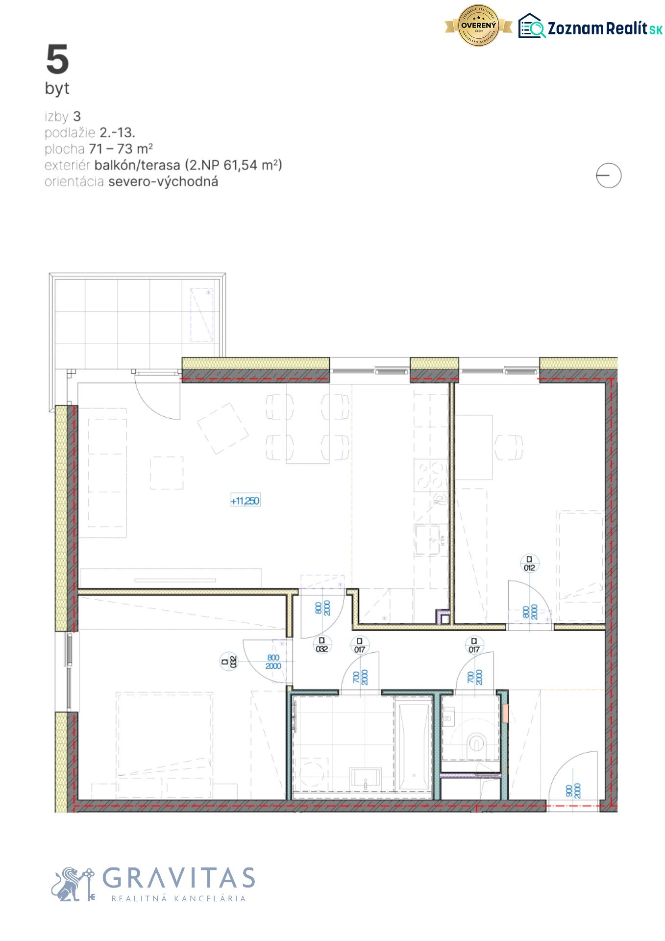 Floor plan of a 3-room apartment with a northeast orientation and a large terrace.