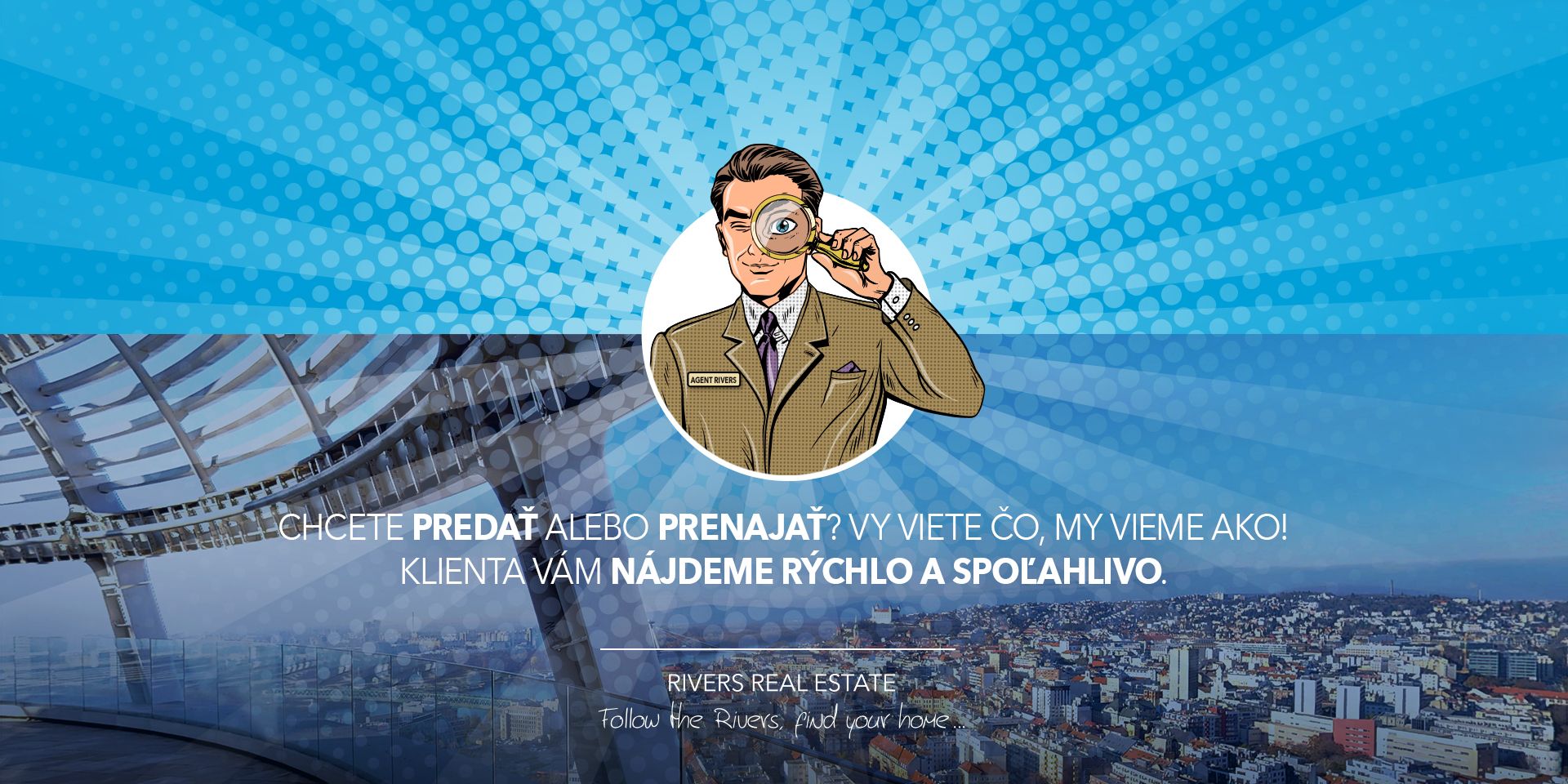 Agent with a magnifying glass on a blue background, Pribinova Street, offer of a 2-room apartment.