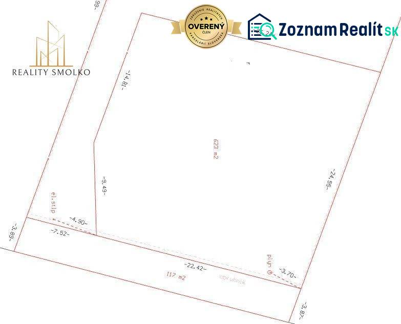 A plot for residential use in Ľubotice with a marked cadastral map and dimensions.