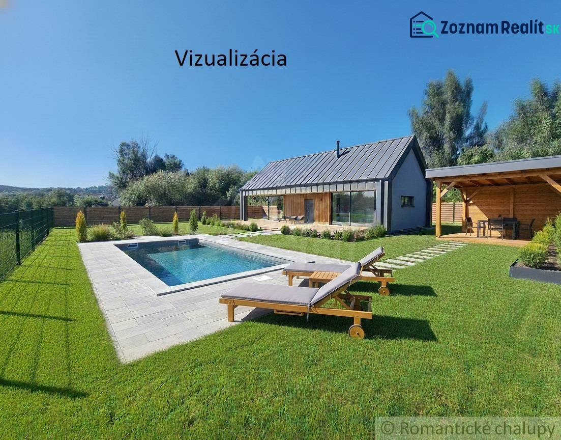Visualization of a house with a pool and a gazebo on a plot in Hosťová, suitable for living.