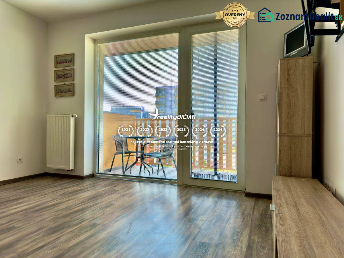 Living room in a two-room apartment with wood-patterned flooring and access to a balcony.