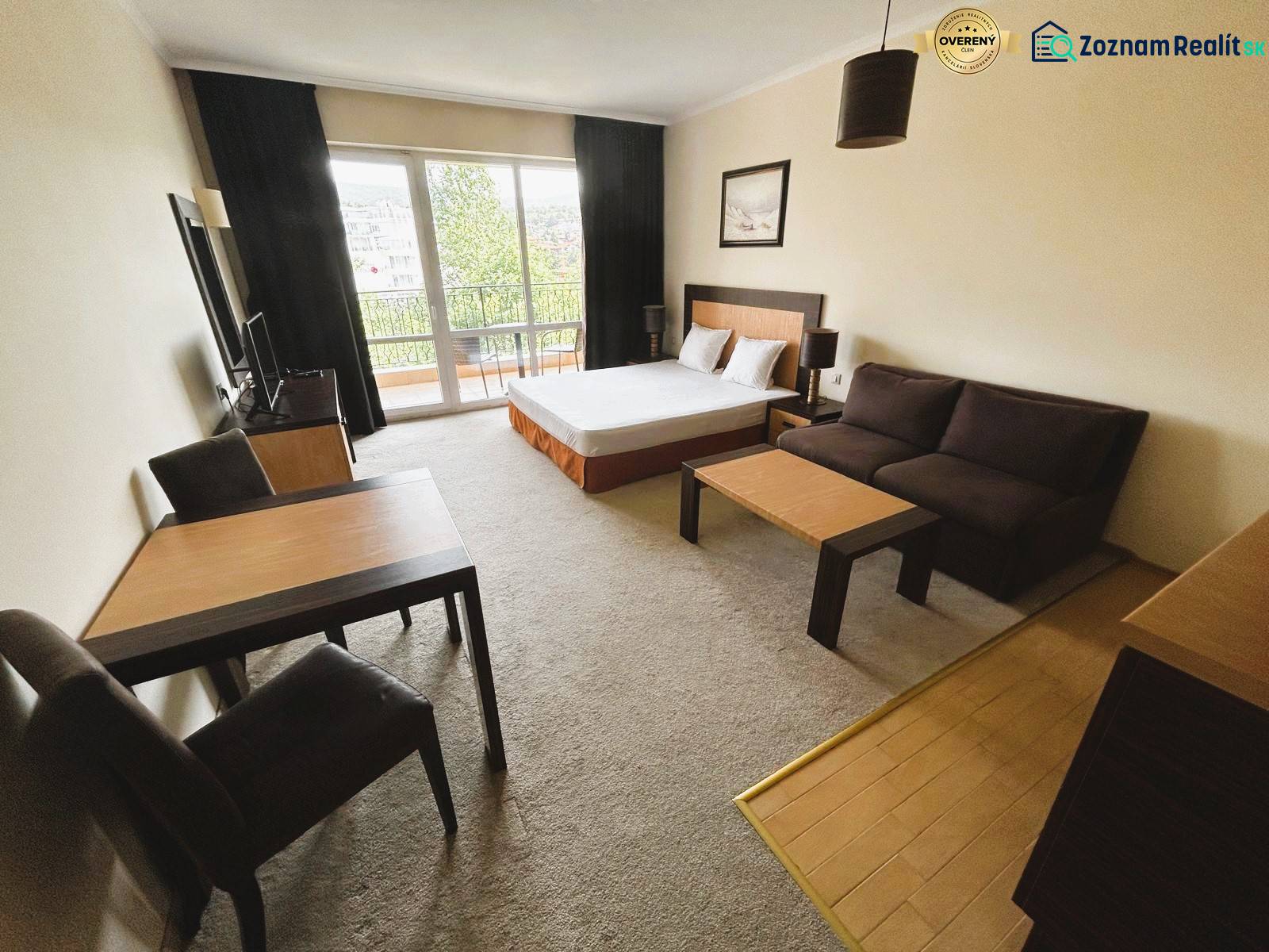 1-bedroom apartment with a bright living room, dark furniture, and a wooden decor floor.