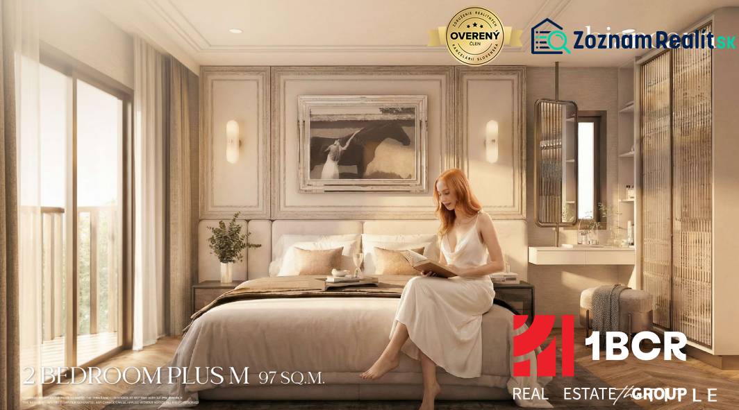 A bedroom in a 3-room apartment with a bed, a painting, and a woman reading a book.