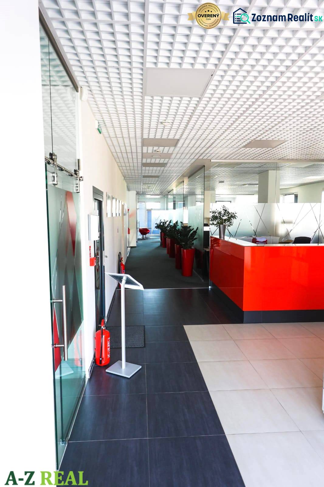 A hallway in offices with a red reception, plants in red pots.