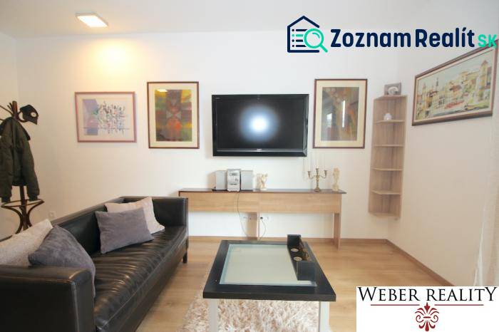 Living room in a studio apartment with a television, leather sofa, and wooden decor flooring.