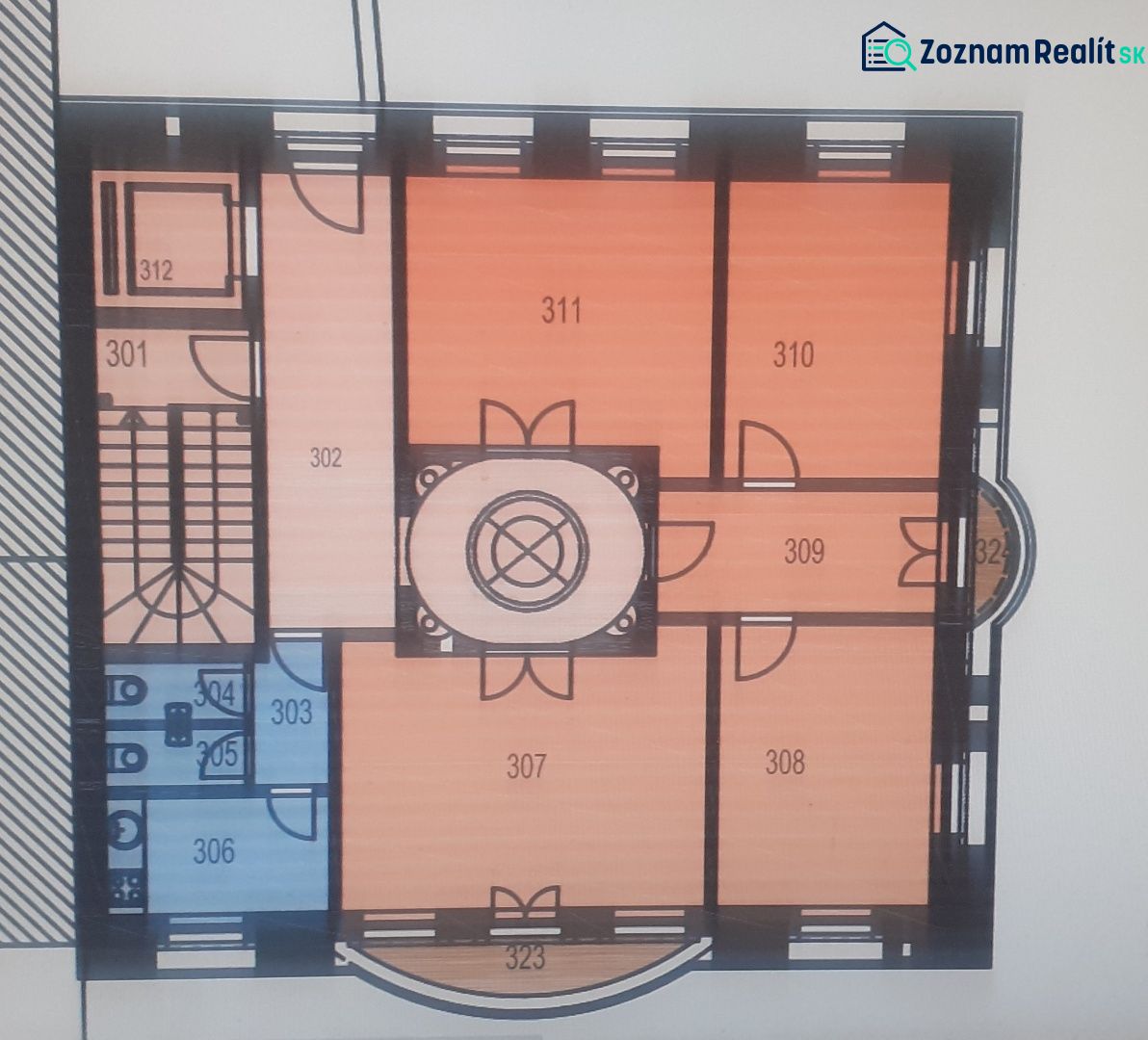 The floor plan of the offices on Štefánikova Street shows rooms with a central corridor.
