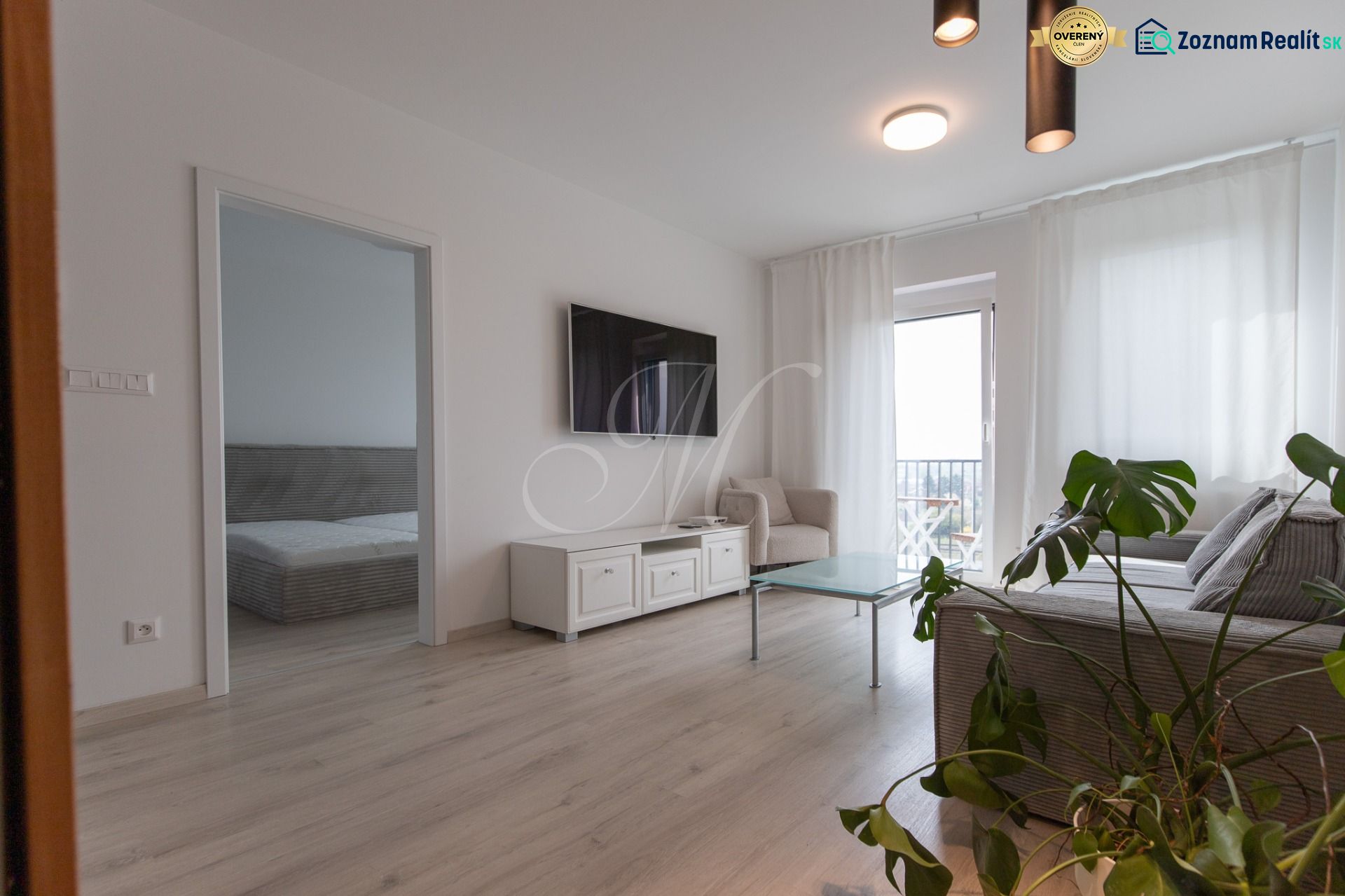 Living room in a two-room apartment with a wood-patterned floor and a balcony.