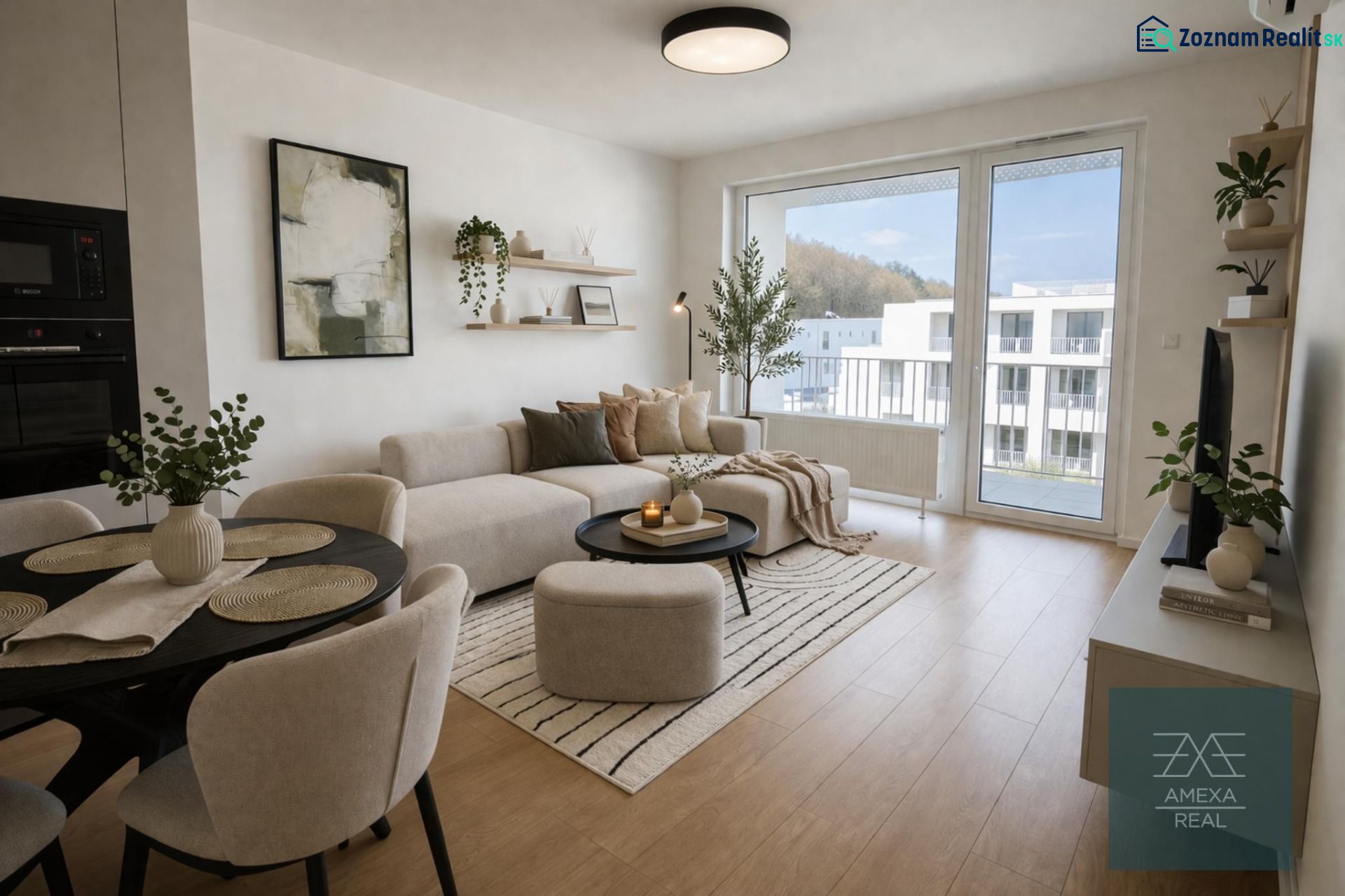Living room in a two-room apartment with a wooden decor floor, light furniture, and decorations.