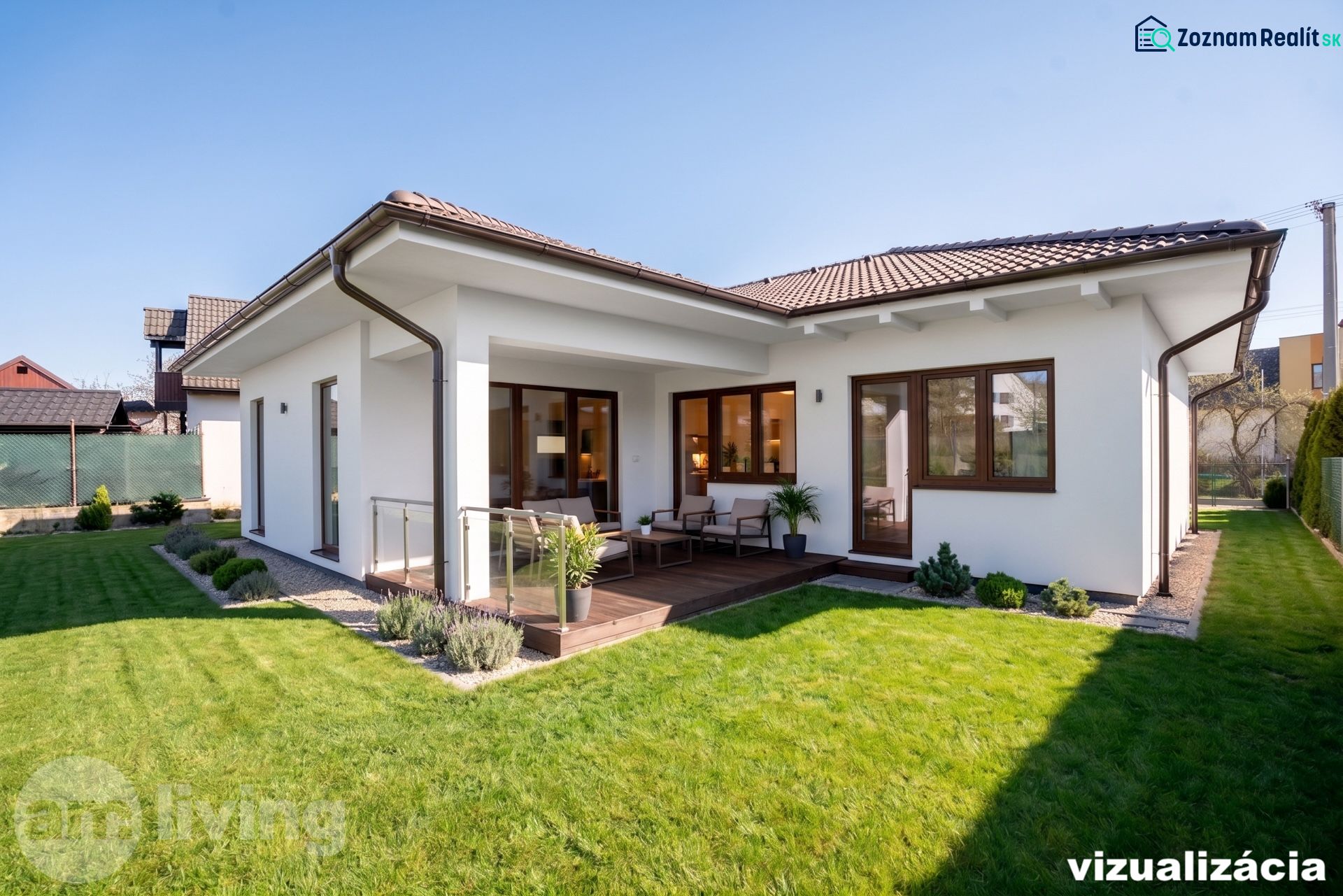 A family house in Drietoma with a terrace, a large grassy garden, and wooden decor.