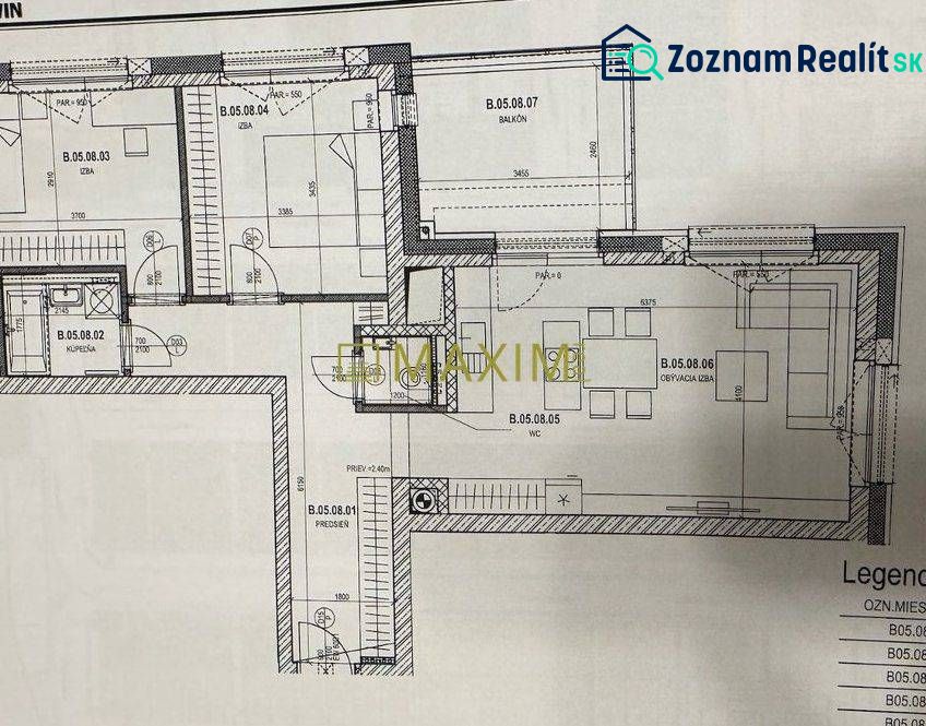 Floor plan of a 3-room apartment with labeled rooms and a balcony.