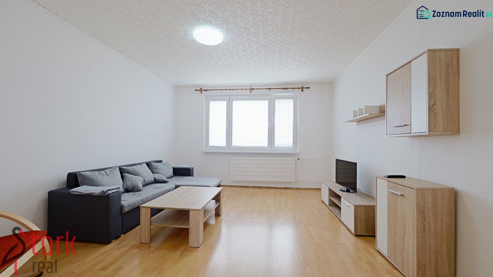 Living room in a 3-room apartment with a sofa and wooden decor flooring.
