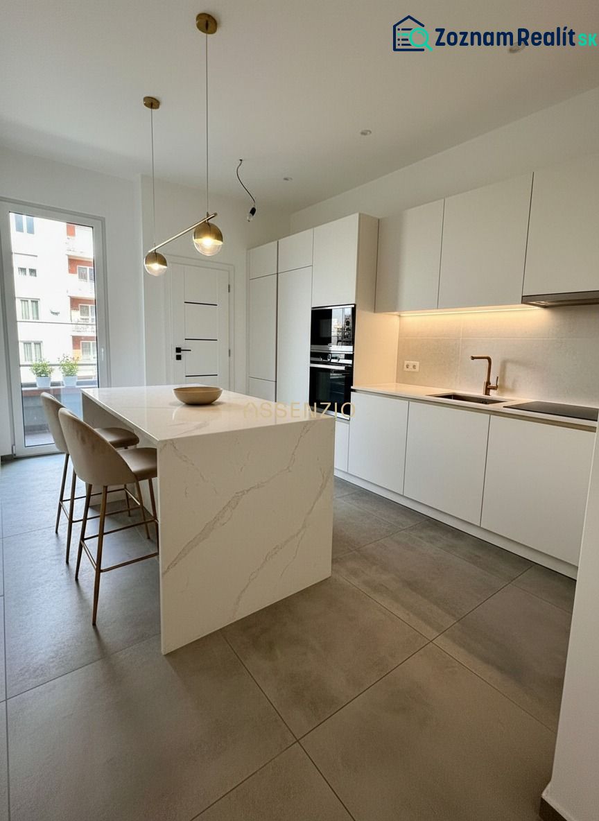 A kitchen with an island, light furniture, and pendant lights, in a 4-room apartment.
