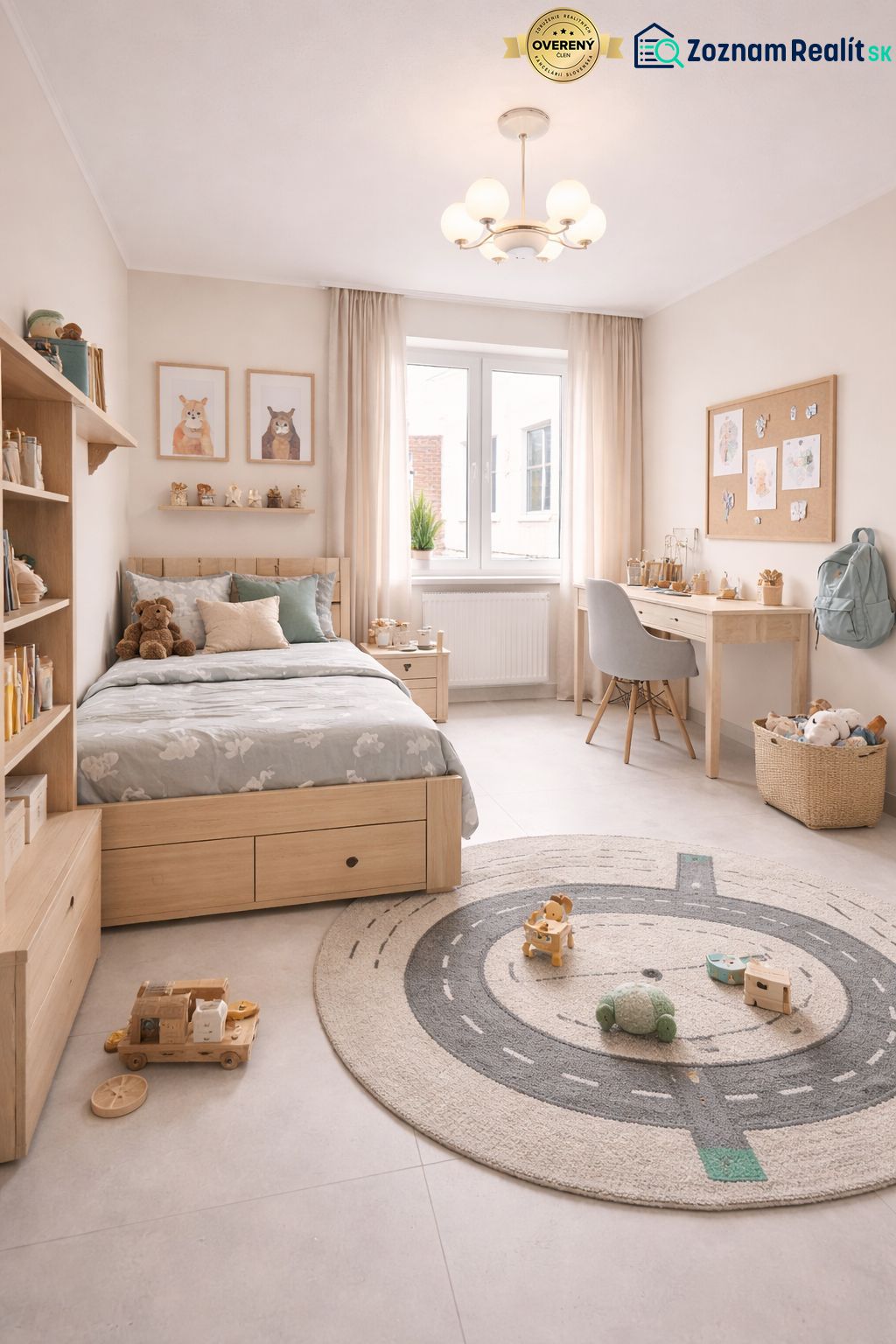 Children's room with wooden furniture, bed, and desk in a 2-room apartment.