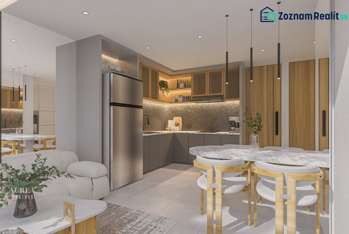 A kitchen in a villa with illuminated shelves, a marble table, and comfortable seating.