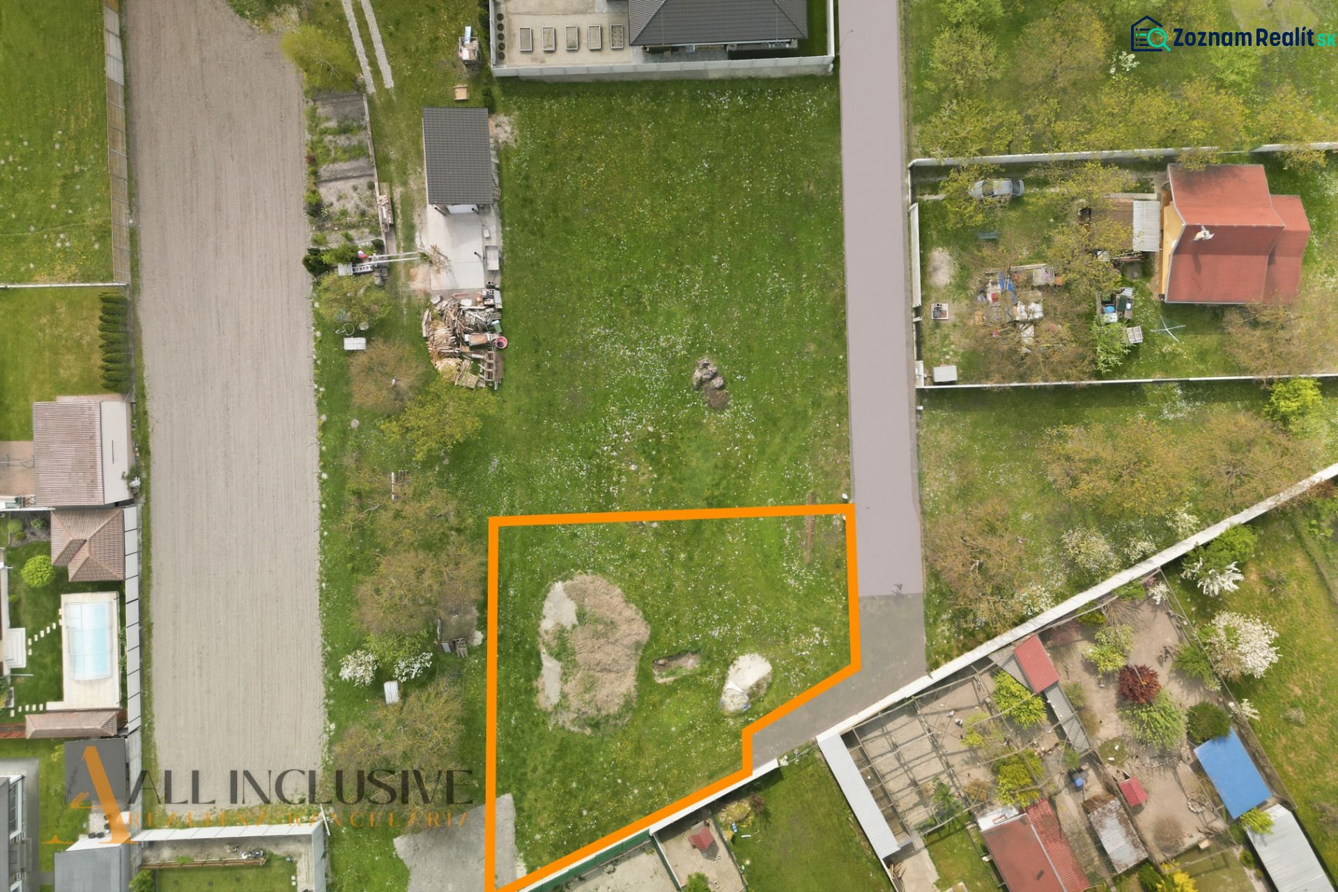 Aerial view of residential plots in Rohovce, bordered by an orange line.