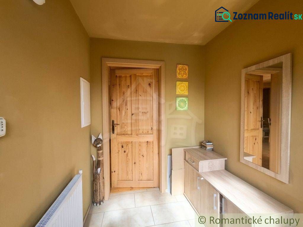 Entrance hallway of a family house with a mirror, wooden doors, and decorations.