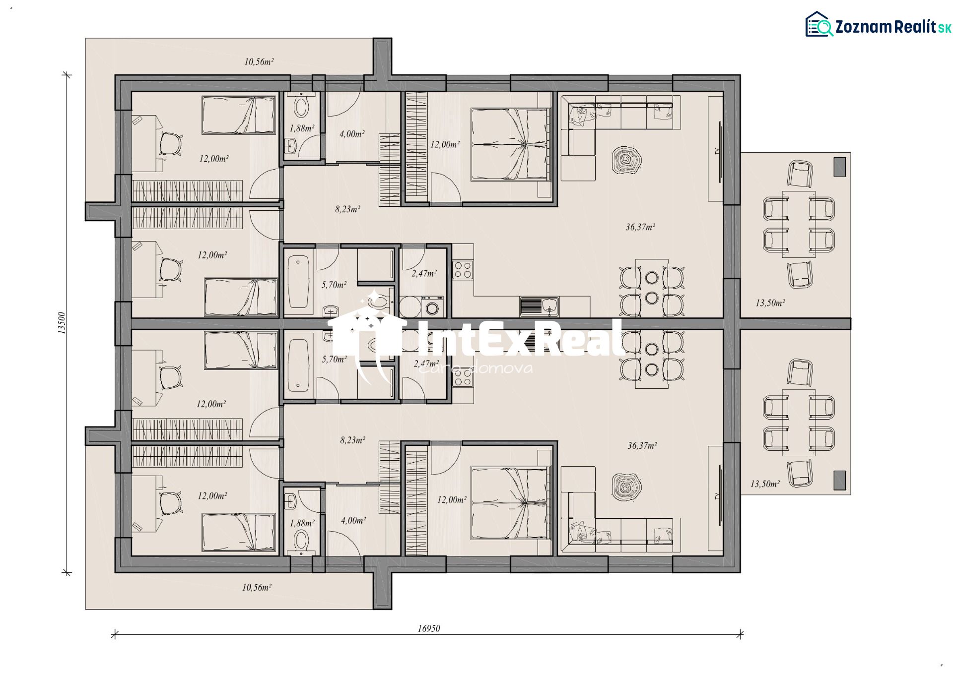 Floor plan of a family house with rooms, furniture, and dimensions, total width 16.95 m.