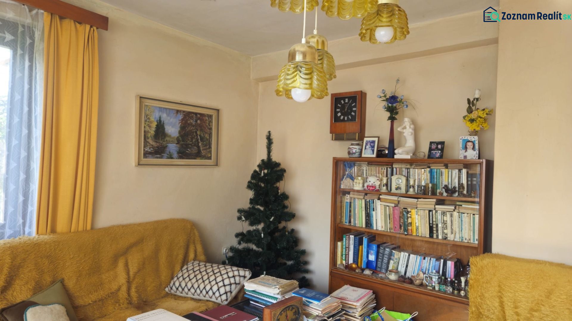 Interior of a family house with a bookshelf, a couch, a tree, and retro lights.