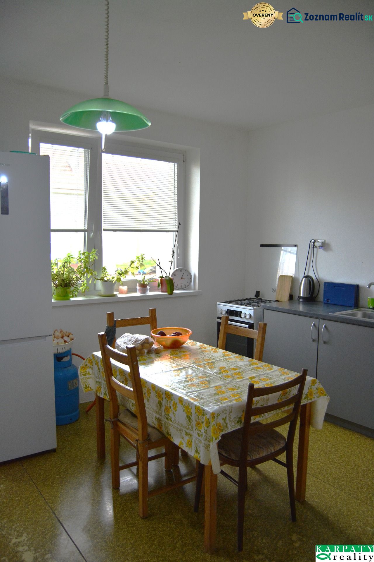 A kitchen in a family house with a dining table and houseplants on the windowsill.