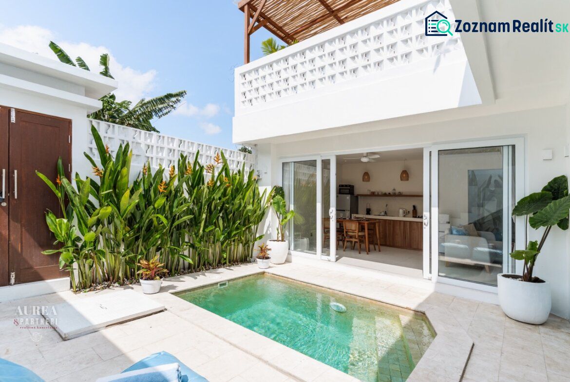 Villa in Bali with a small pool, tropical greenery, and sliding glass doors.