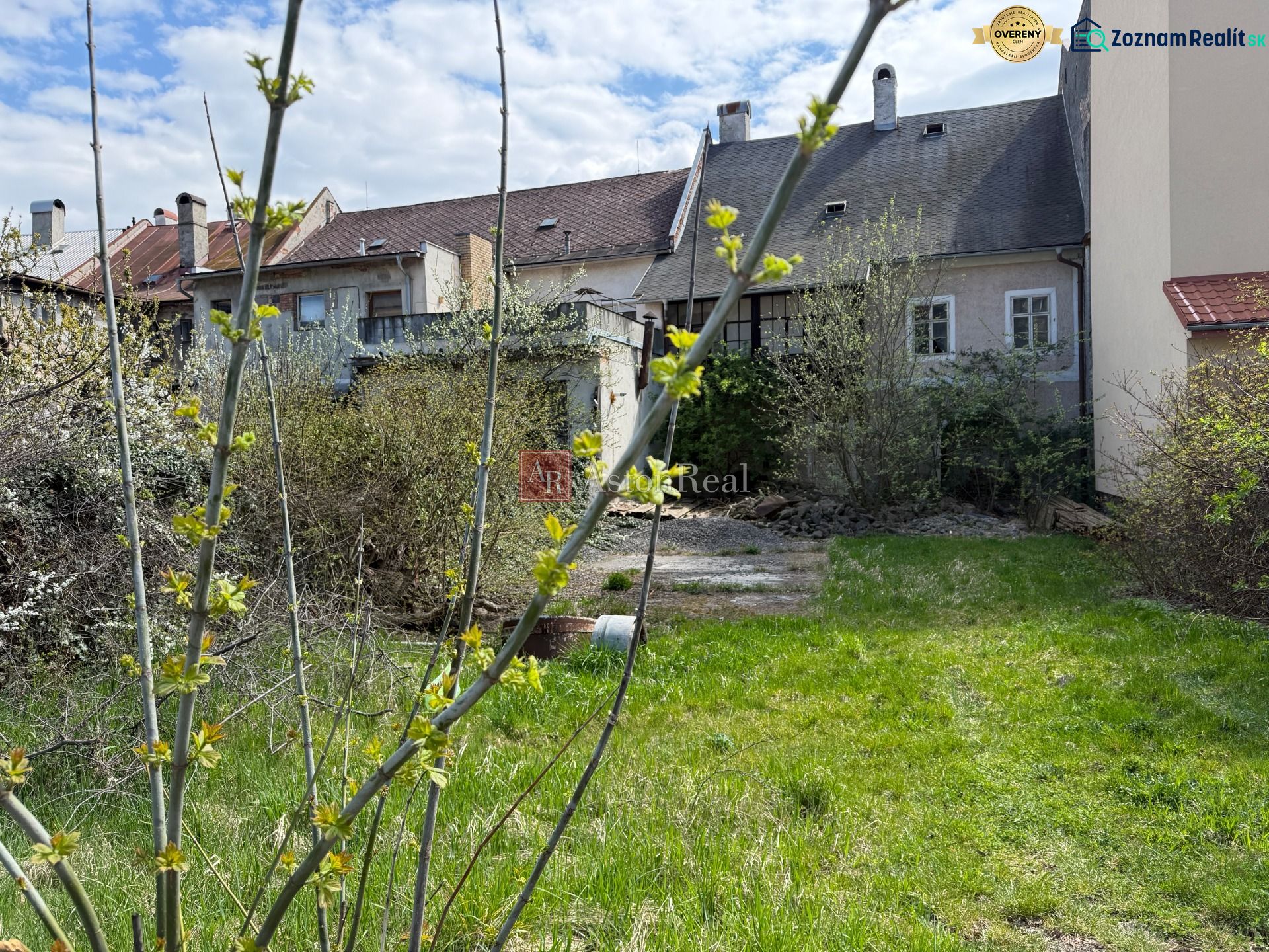 A garden at a family house in Kremnica with a lawn, shrubs, and a branch in view.