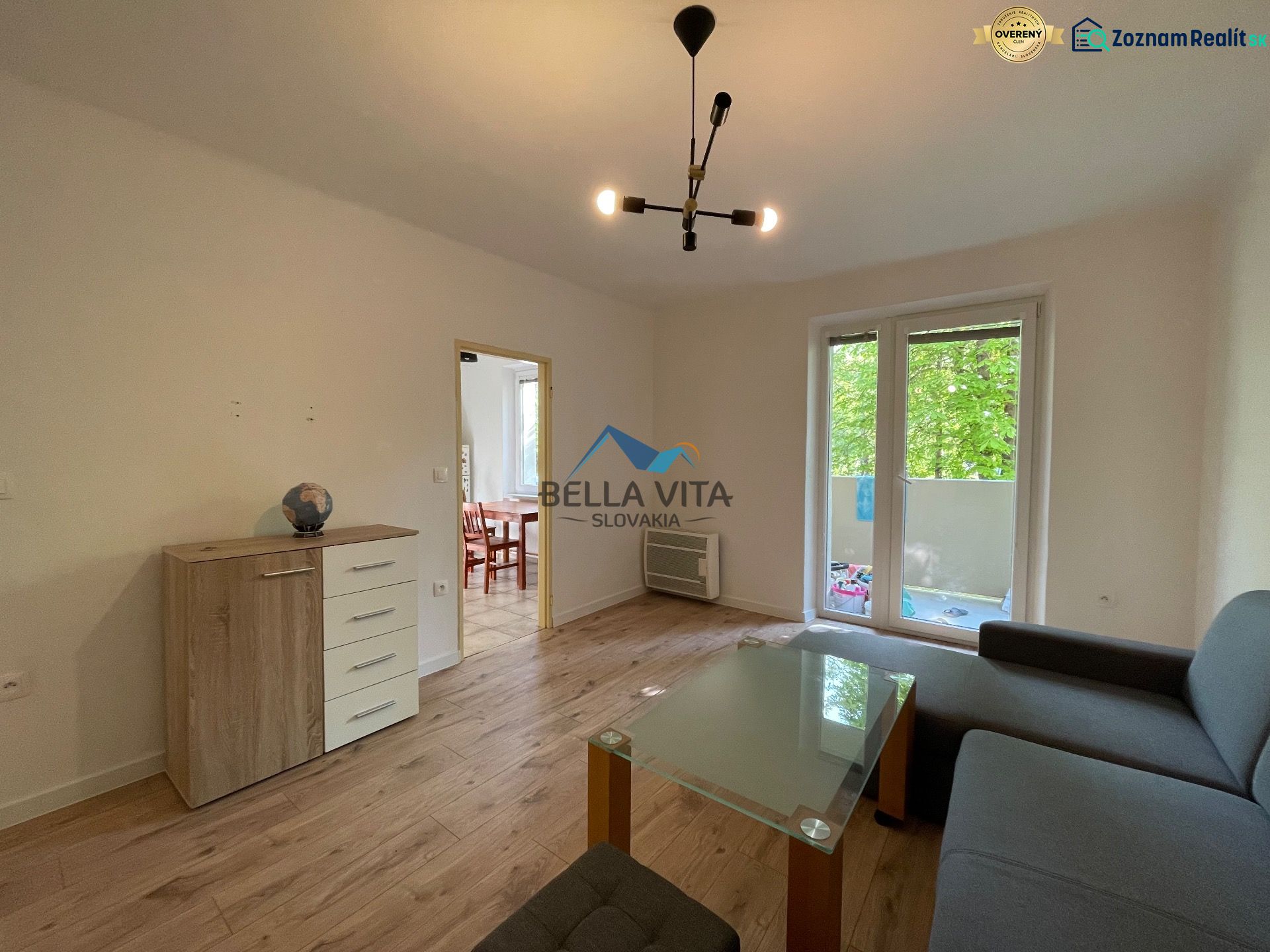 2-room apartment with wood-patterned flooring, a sofa, and a glass coffee table.