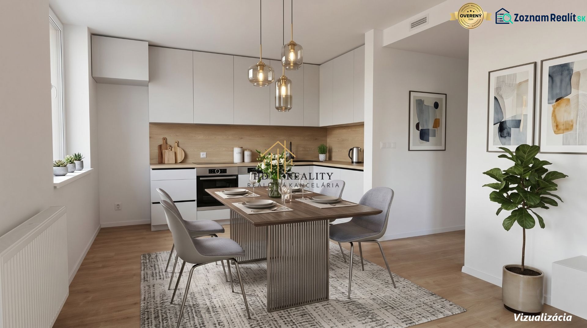 The kitchen of a three-room apartment with a wooden decor floor and an elegant dining table.