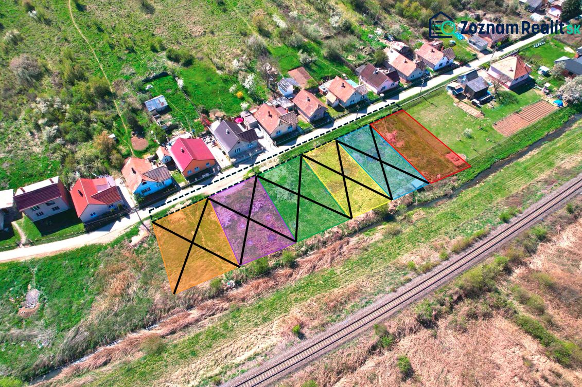 Aerial view of residential plots in Hodejov, houses, and a railway track.