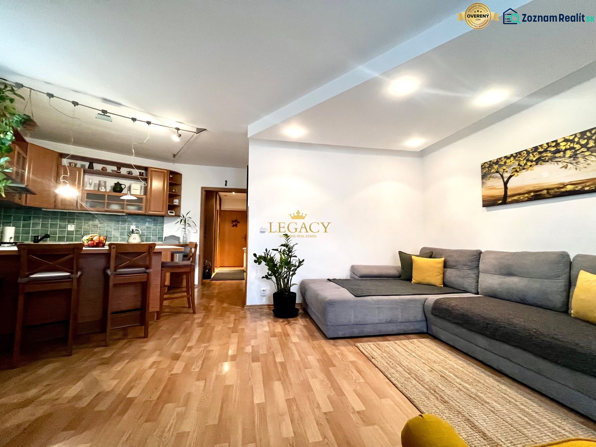 Living room in a three-room apartment with a wooden decor floor and a comfortable sofa.