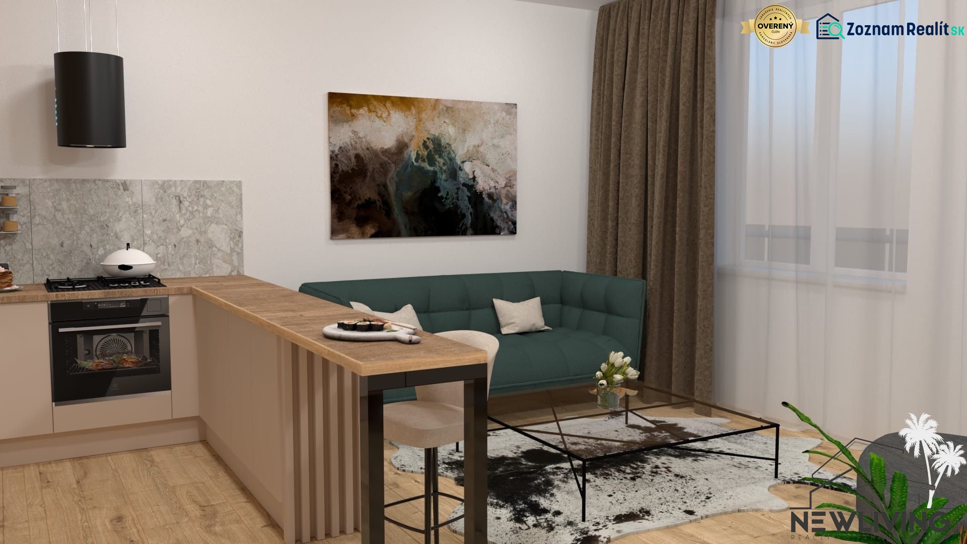 Living room with a kitchenette in a 2-room apartment, wooden decor flooring, sofa, and painting.