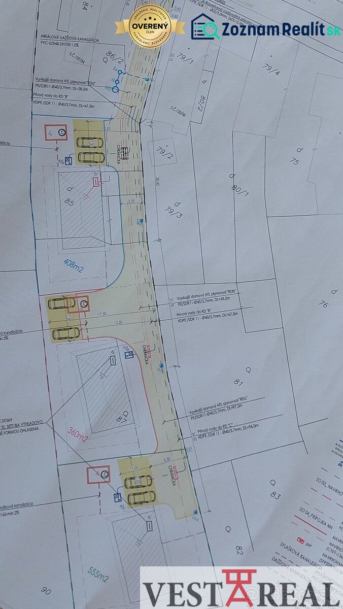 Development plan for residential plots in Malá Mača, including utility networks and access roads.