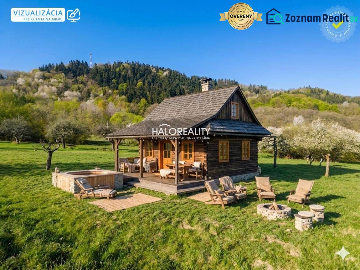 Recreational land in Horné Hámre with a wooden cabin, fireplace, and outdoor seating in nature.