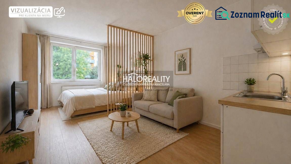 A studio apartment with a wooden floor, a kitchen, a living room, and a bed separated by a decorative partition.