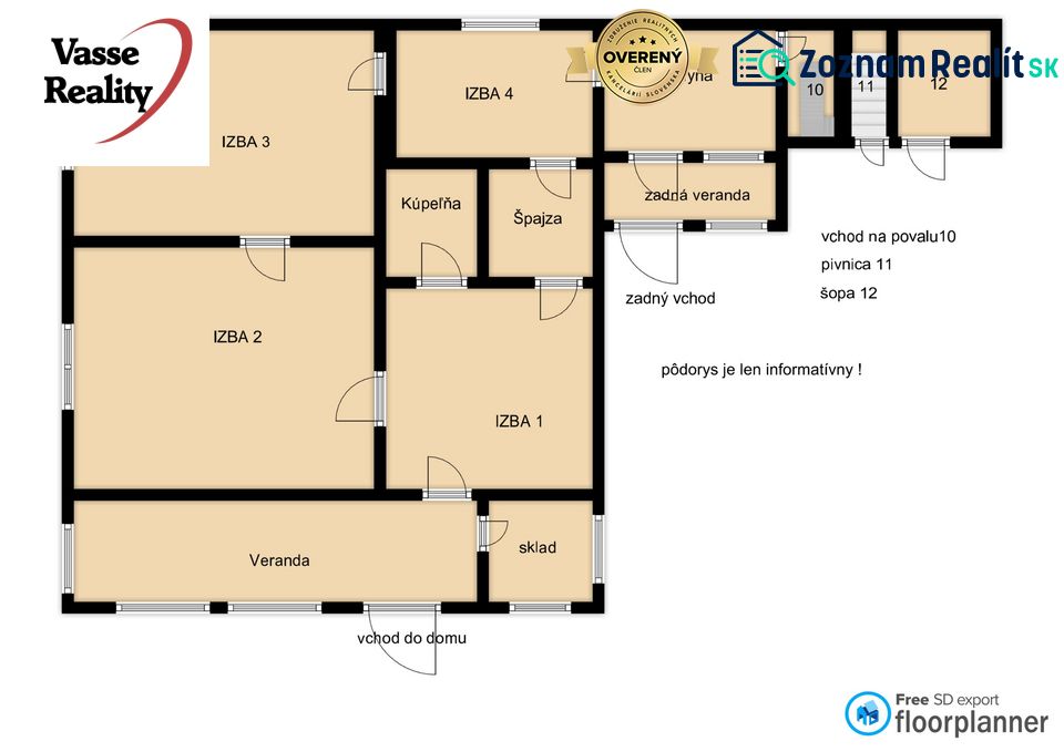 Floor plan of a family house with four rooms, a kitchen, and a veranda.